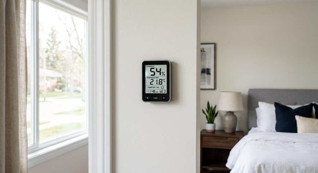 Digitalt hygrometer på væggen der måler luftfugtighed og temperatur i stuen
