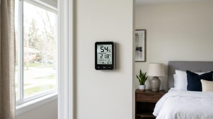 Digitalt hygrometer på væggen der måler luftfugtighed og temperatur i stuen
