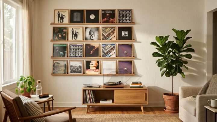 Stilfuld væg med vinylplader arrangeret på hylde blandt anden indretning i skandinavisk stue
