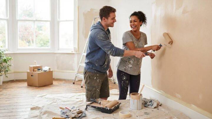Par udfører billig renovering af stue ved selv at male væggene