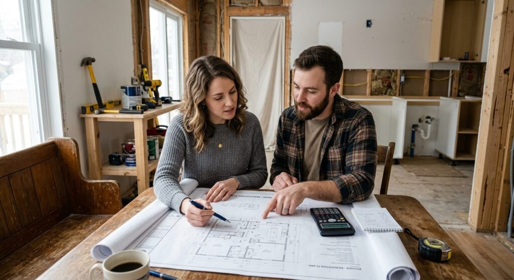 Par gennemgår budget for renovering af hus ved køkkenbordet med tegninger og regnemaskine