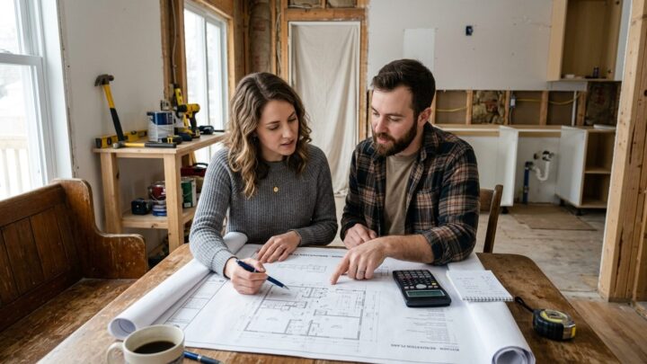 Par gennemgår budget for renovering af hus ved køkkenbordet med tegninger og regnemaskine
