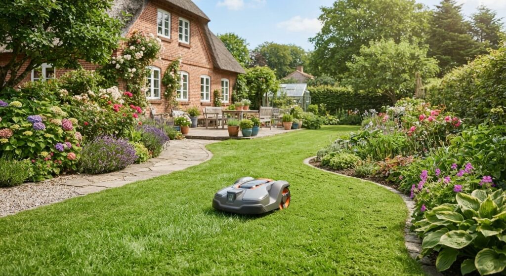 Robotplæneklipper arbejder i en dansk have på en solrig dag