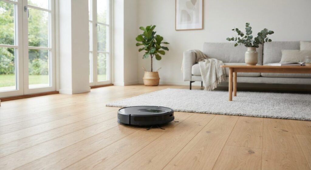 Robotstøvsuger kører på gulvet i en lys og moderne stue