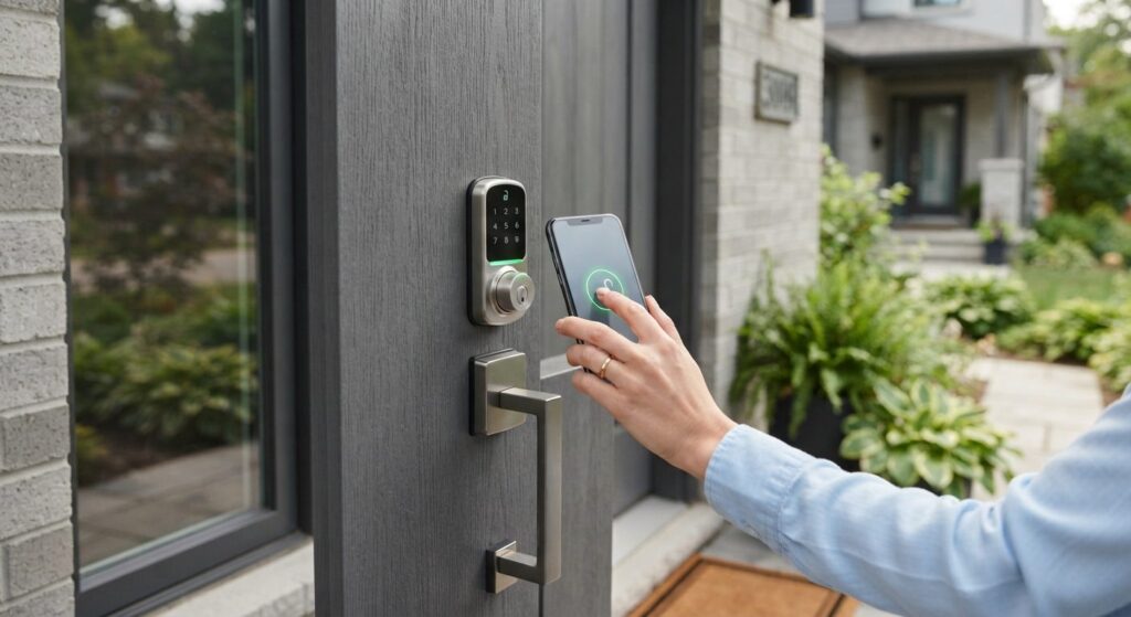 Smart dørlås monteret på en moderne hoveddør med betjening via smartphone