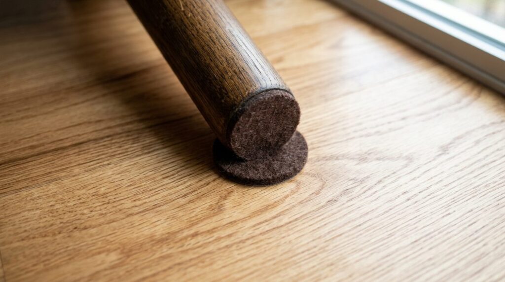 Close-up overhead shot of a wooden dining table leg with a b