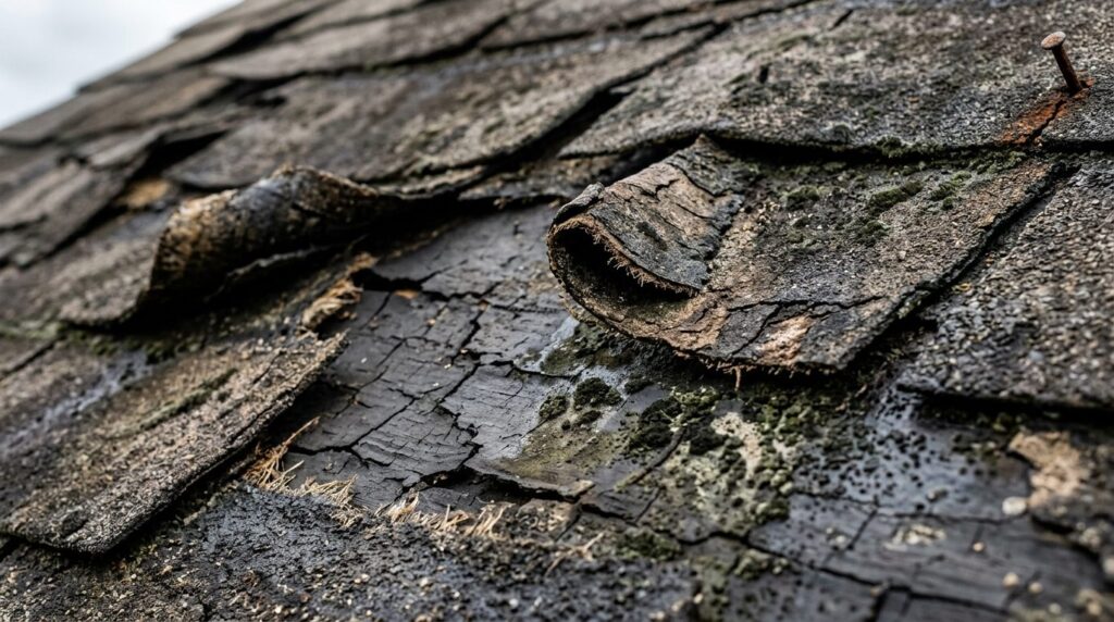Close-up photorealistic detail shot of deteriorated roof mat