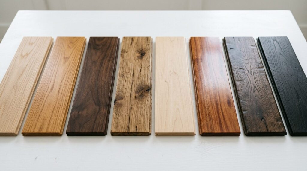 Close-up detailed shot of different wood floor samples and t