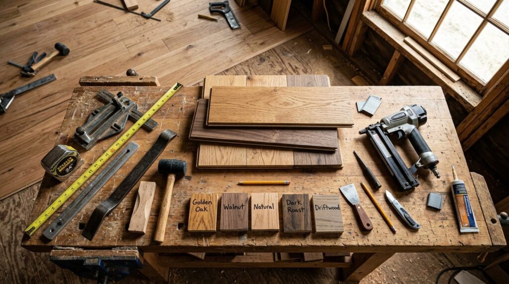 Overhead view of a carpenters workbench with hardwood floor