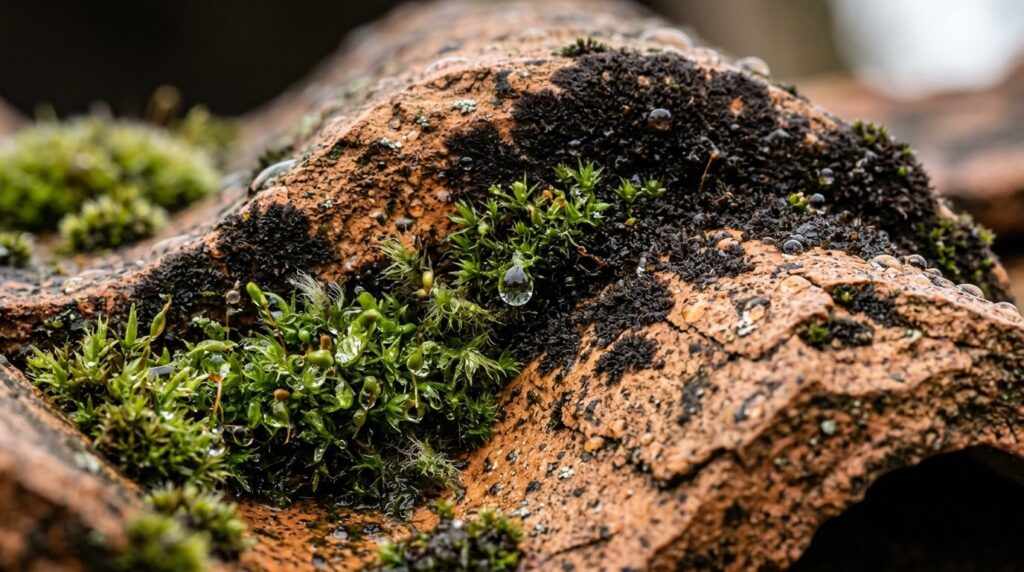 Close-up macro photography of black algae and green moss tex