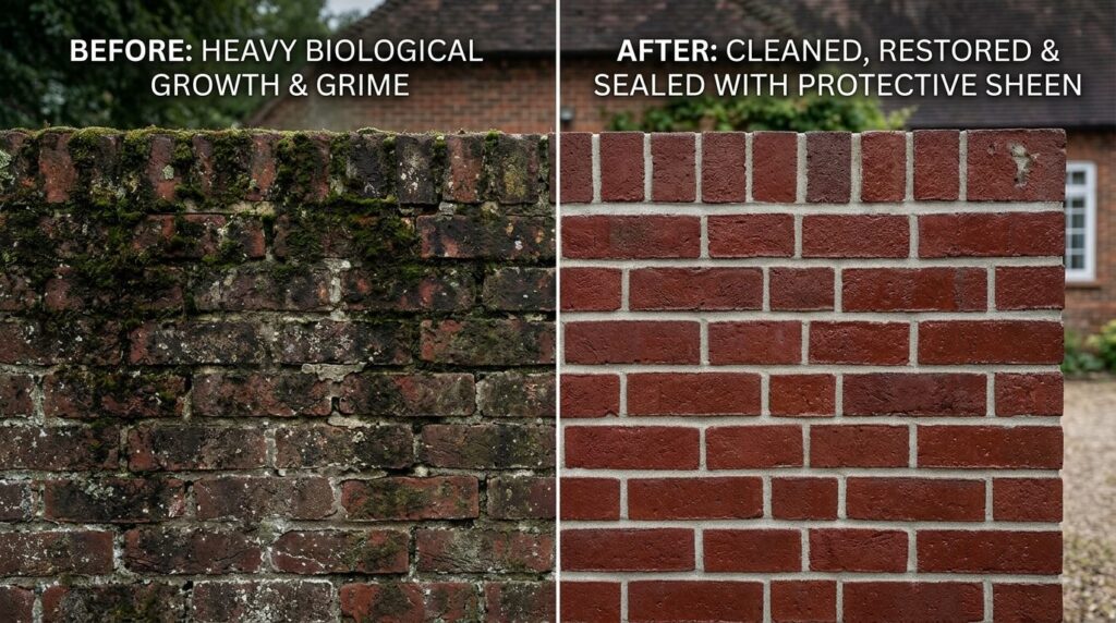 Before and after split-screen comparison of a brick facade w