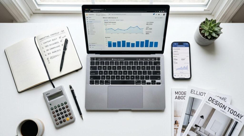 Top-down flat lay of marketing strategy tools and planning: 