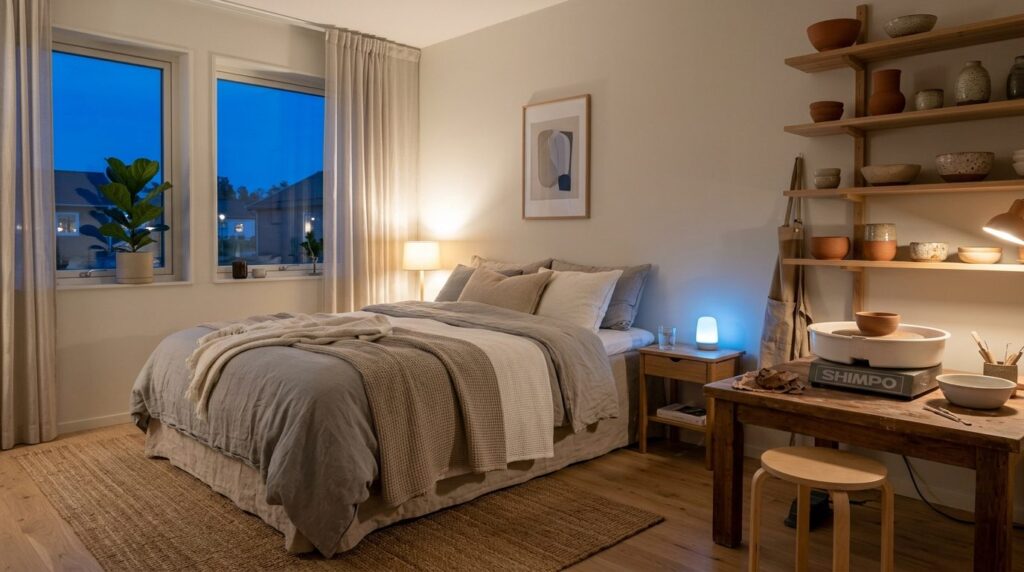 A minimalist Scandinavian bedroom at twilight with soft blue