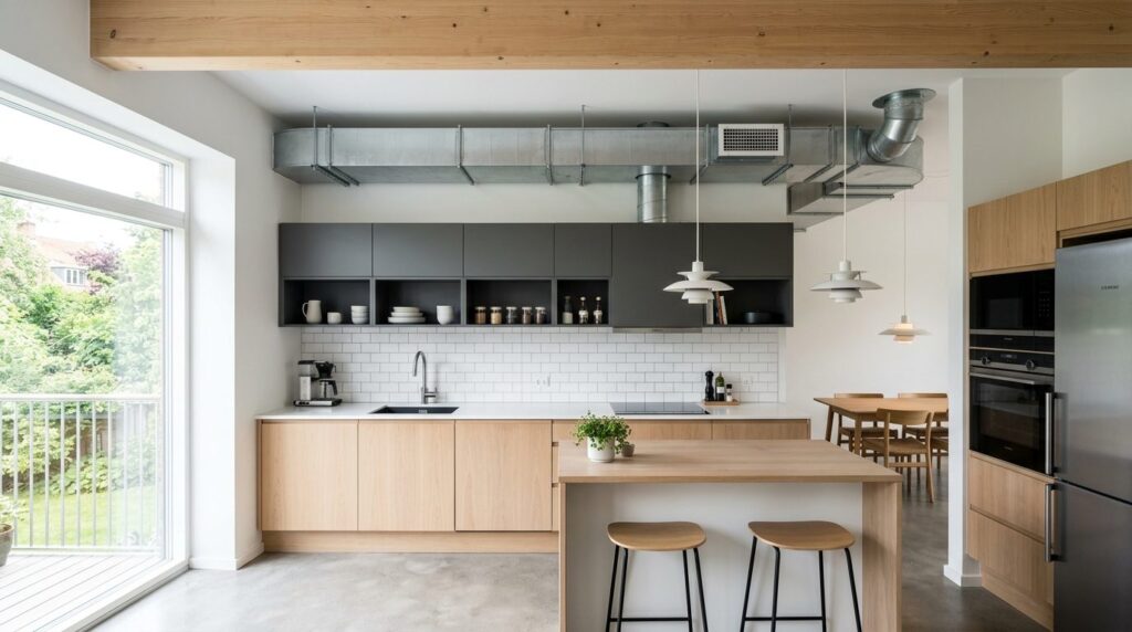 Clean modern Danish residential kitchen interior with visibl