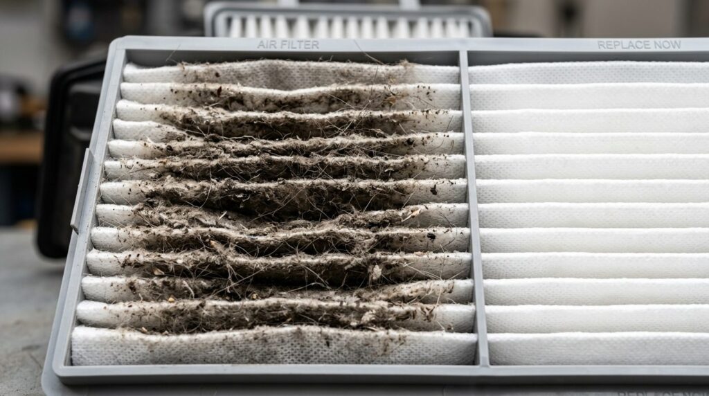 Close-up macro photography of a clogged white air filter cov