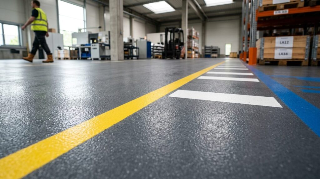Close-up detail of premium industrial epoxy floor with subtl