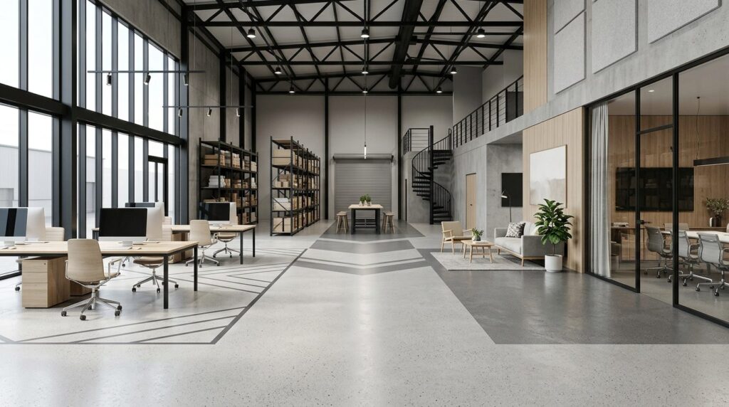Modern office-warehouse hybrid space with polished concrete 