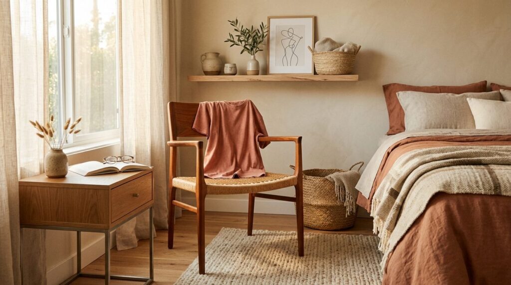 Styled bedroom interior featuring a pigment dyed tee draped