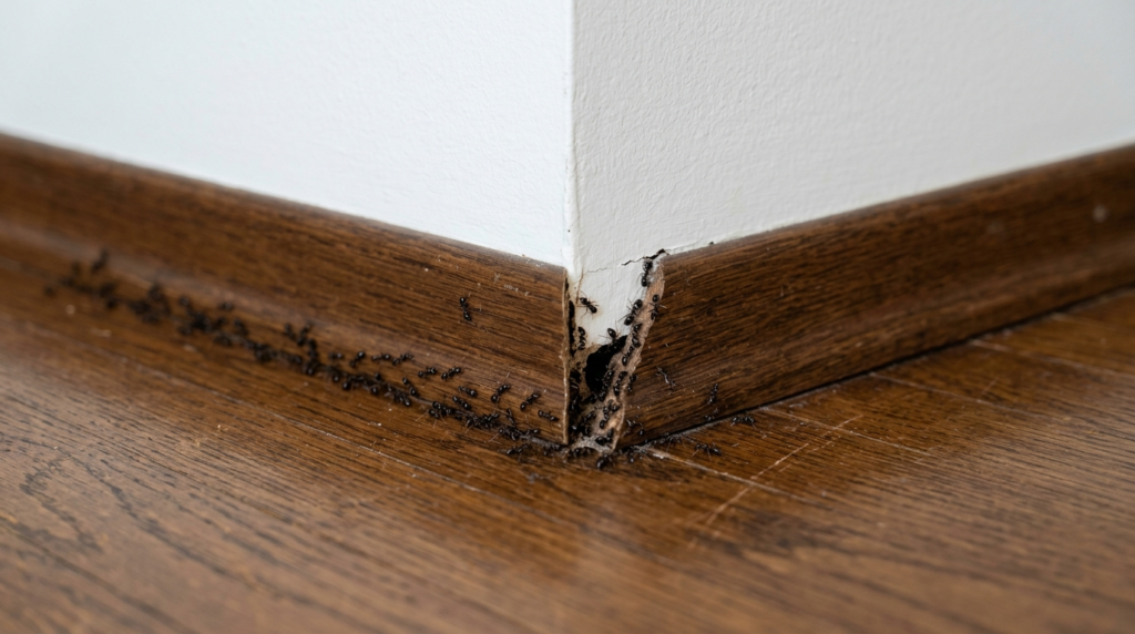 Close-up photorealistic detail shot of a white wall corner m