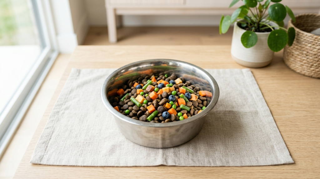 Close-up overhead shot of a premium stainless steel dog bowl