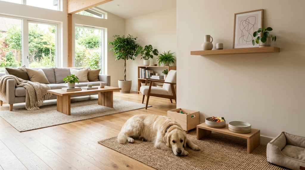 Wide angle view of a conscious modern living room with a hea