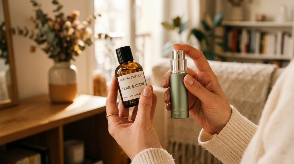 Close-up shot of hands holding a fragrance refill bottle and