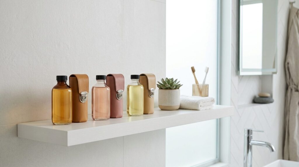 Organized minimalist bathroom shelf displaying three perfume