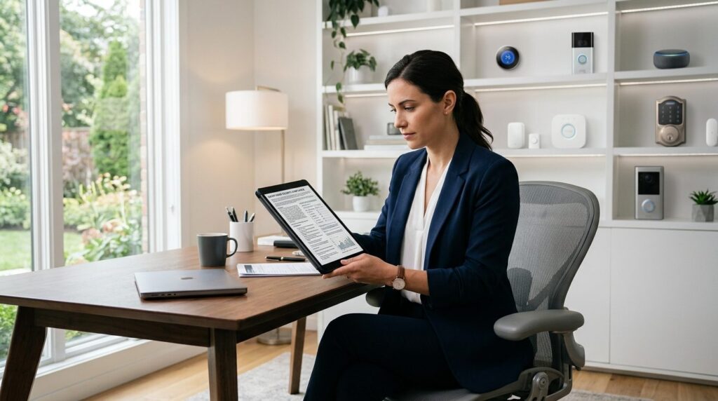Business professional reviewing smart home security complian
