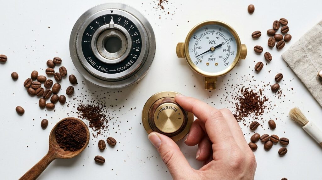 Kaffe-udstyr til justering af kværn arrangeret på flad overflade set oppefra.