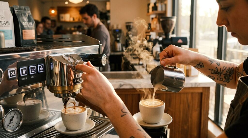 Baristahænder udfører finjusteringer på kaffeudstyr.
