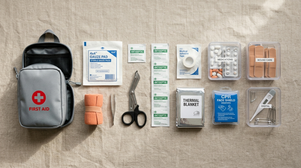 Flat lay overhead shot of a curated first aid kit contents s