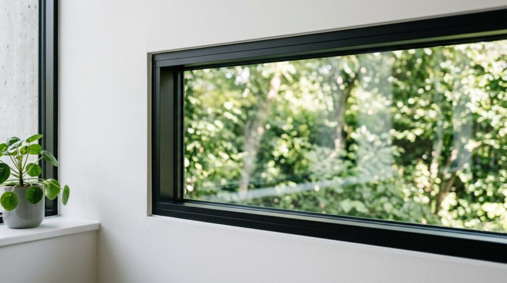 Close-up detail of a sleek black fixed frame window with thi