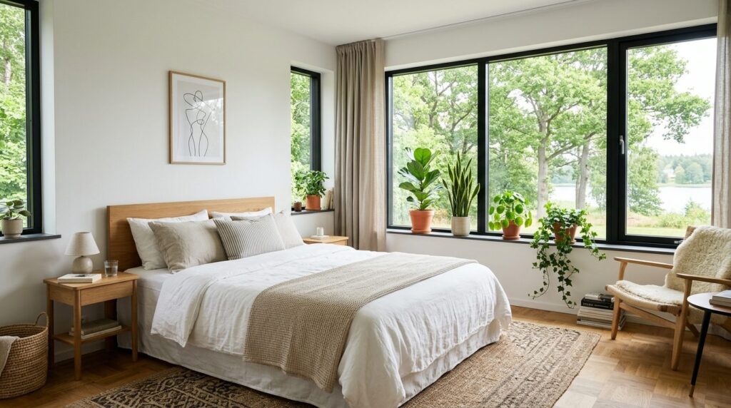 Bright Scandinavian bedroom with expansive fixed windows let