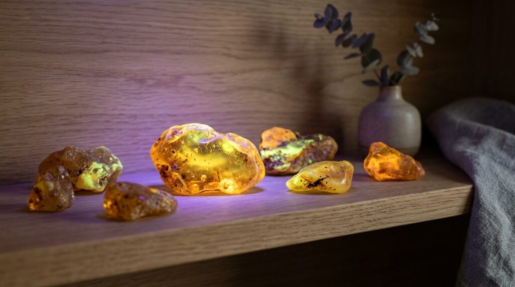 Close-up detail shot of raw amber specimens glowing under UV