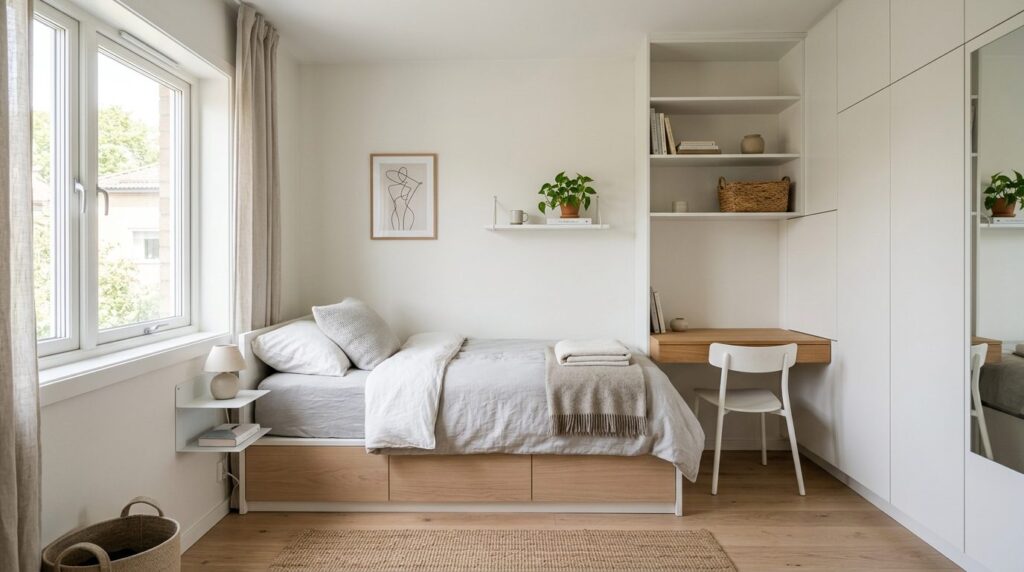 Bright, minimalist small apartment bedroom with efficient st