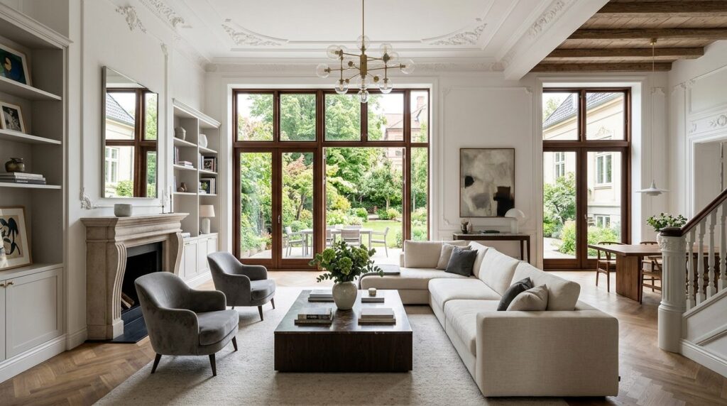 Spacious luxury villa living room with high ceilings, large 