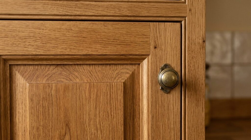 Close-up detail shot of a framed kitchen cabinet door showin
