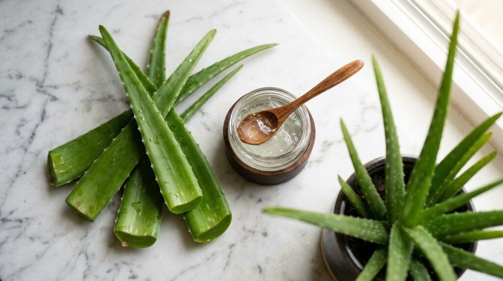 Close-up flat lay photography of freshly harvested aloe vera
