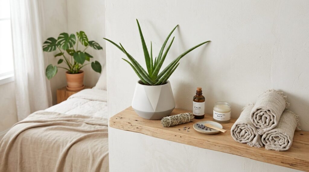 Overhead shot of a calm home wellness corner featuring a hea