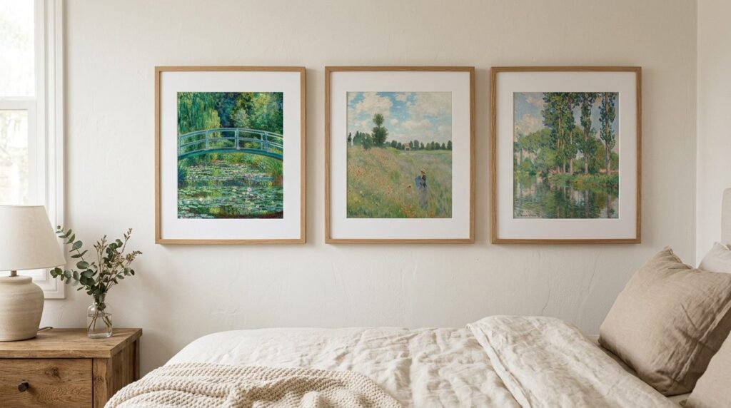 Tre Monet-inspirerede kunsttryk på væg i moderne sovevælelse med naturlige farver.