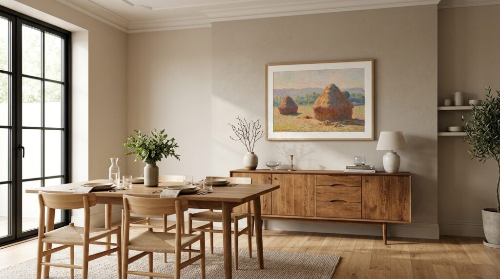 Spisestue med Monet Haystacks-malet i ramme over elegante møbler.