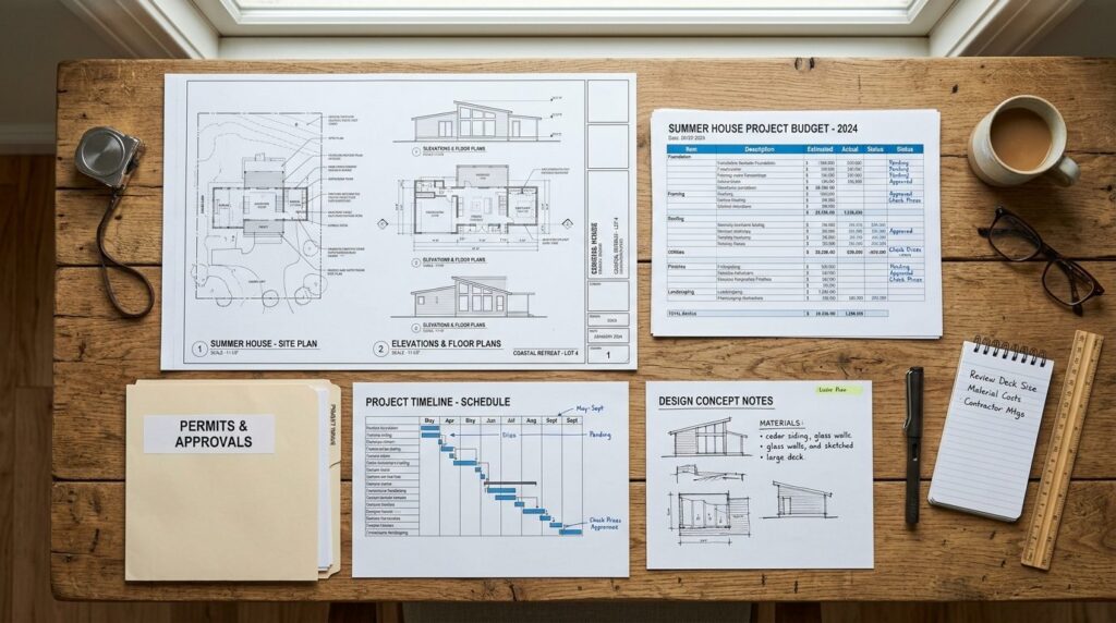Overhead flat lay of summer house planning documents, archit