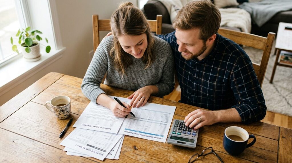 Close-up overhead shot of a young couple reviewing apartment