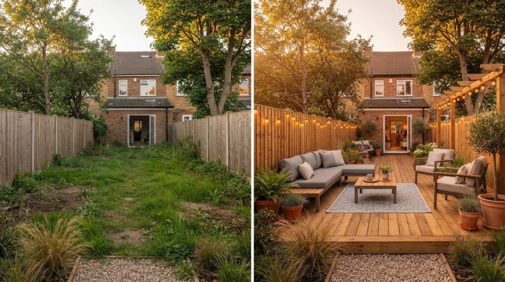 Split-screen lifestyle photograph: left side shows an empty 