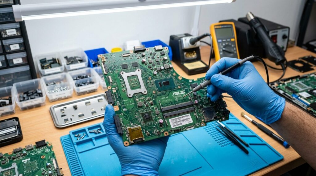 Close-up fotorealistic image of a technicians hands holding