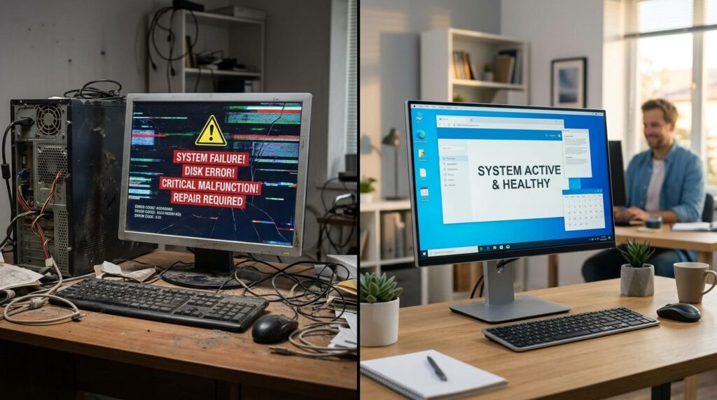 Fotorealistic split-screen composition showing on the left a