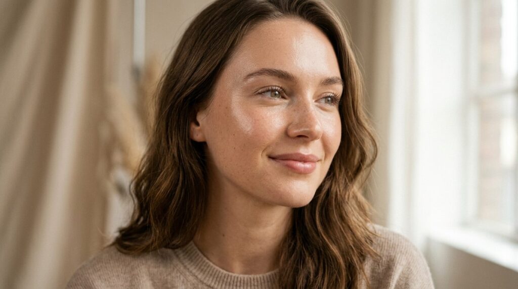 Close-up beauty portrait of a womans face showing glowing, 