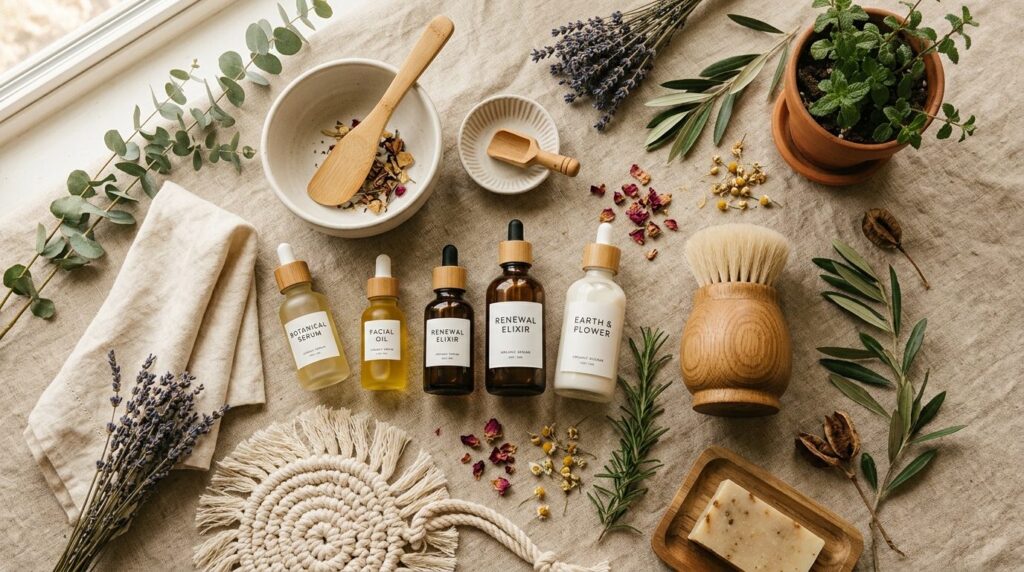 Flat lay composition of natural skincare products and home d