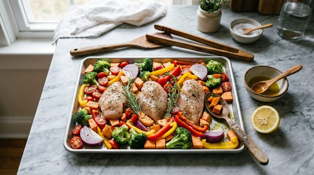 Close-up overhead shot of a simple, nourishing weeknight din