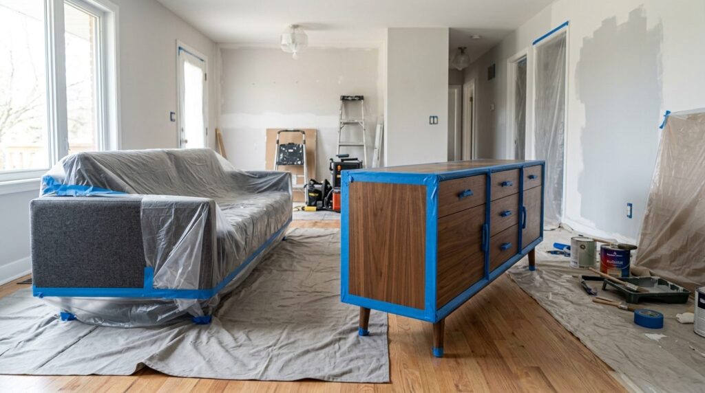 Interior shot of modern furniture pieces (wooden cabinet and